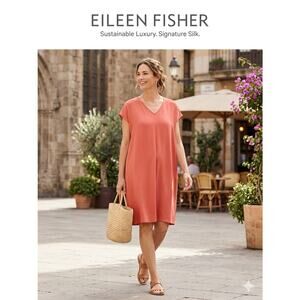 Eileen Fisher Silk Georgette Crepe V-Neck Dress - Coral